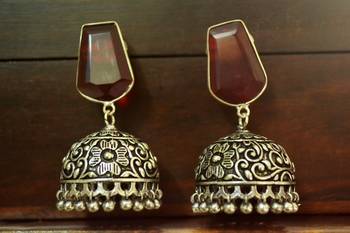 Maroon onyx Silver Oxidized Silver Plated Beautifully Detailed Carved Jhumkas Earring 1