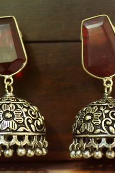 Maroon onyx Silver Oxidized Silver Plated Beautifully Detailed Carved Jhumkas Earring
