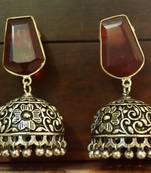 Maroon onyx Silver Oxidized Silver Plated Beautifully Detailed Carved Jhumkas Earring