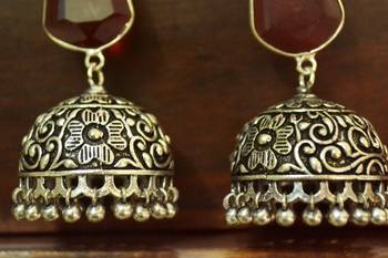 Maroon onyx Silver Oxidized Silver Plated Beautifully Detailed Carved Jhumkas Earring 2