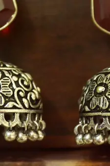 Maroon onyx Silver Oxidized Silver Plated Beautifully Detailed Carved Jhumkas Earring