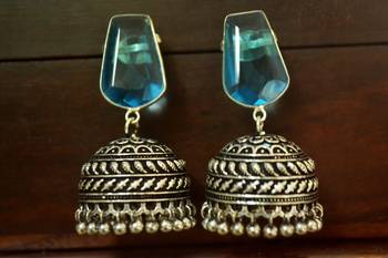 Turquoise onyx Silver Oxidized Silver Plated Beautifully Detailed Carved Jhumka Earrings	 1