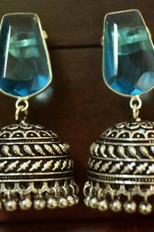 Turquoise onyx Silver Oxidized Silver Plated Beautifully Detailed Carved Jhumka Earrings	