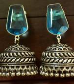 Turquoise onyx Silver Oxidized Silver Plated Beautifully Detailed Carved Jhumka Earrings	