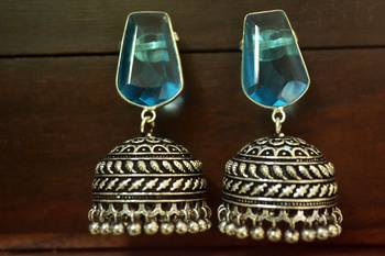 Turquoise onyx Silver Oxidized Silver Plated Beautifully Detailed Carved Jhumka Earrings	 2