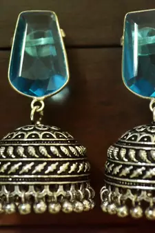 Turquoise onyx Silver Oxidized Silver Plated Beautifully Detailed Carved Jhumka Earrings	