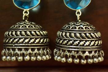 Turquoise onyx Silver Oxidized Silver Plated Beautifully Detailed Carved Jhumka Earrings	 3