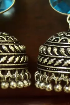 Turquoise onyx Silver Oxidized Silver Plated Beautifully Detailed Carved Jhumka Earrings	