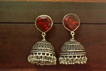 Maroon onyx Silver Oxidized Silver Plated Beautifully Detailed Carved Jhumkas Earring 1