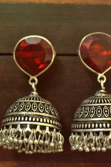 Maroon onyx Silver Oxidized Silver Plated Beautifully Detailed Carved Jhumkas Earring