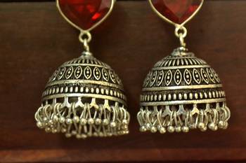 Maroon onyx Silver Oxidized Silver Plated Beautifully Detailed Carved Jhumkas Earring 2