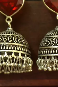 Maroon onyx Silver Oxidized Silver Plated Beautifully Detailed Carved Jhumkas Earring