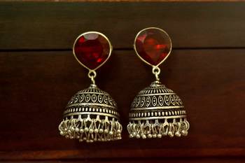 Red onyx Silver Oxidized Silver Plated Beautifully Detailed Carved Jhumkas Earring 1
