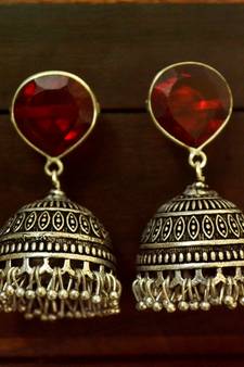 Red onyx Silver Oxidized Silver Plated Beautifully Detailed Carved Jhumkas Earring