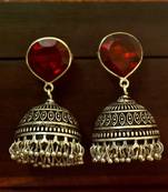 Red onyx Silver Oxidized Silver Plated Beautifully Detailed Carved Jhumkas Earring