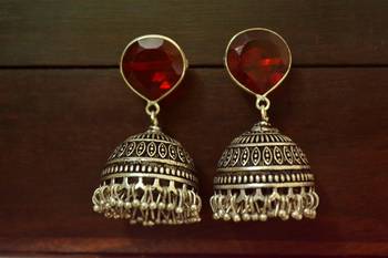 Red onyx Silver Oxidized Silver Plated Beautifully Detailed Carved Jhumkas Earring 2