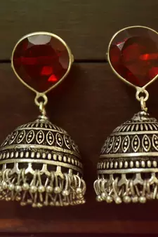Red onyx Silver Oxidized Silver Plated Beautifully Detailed Carved Jhumkas Earring