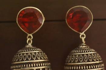 Red onyx Silver Oxidized Silver Plated Beautifully Detailed Carved Jhumkas Earring 3