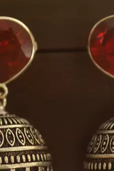 Red onyx Silver Oxidized Silver Plated Beautifully Detailed Carved Jhumkas Earring