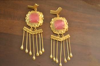 Pink onyx Dangling Long Wedding party High Gloss Gold Plated studs 1