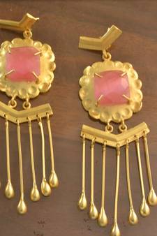 Pink onyx Dangling Long Wedding party High Gloss Gold Plated studs