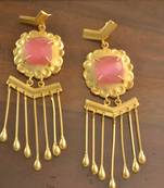 Pink onyx Dangling Long Wedding party High Gloss Gold Plated studs