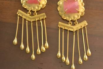 Pink onyx Dangling Long Wedding party High Gloss Gold Plated studs 2