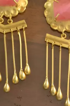 Pink onyx Dangling Long Wedding party High Gloss Gold Plated studs