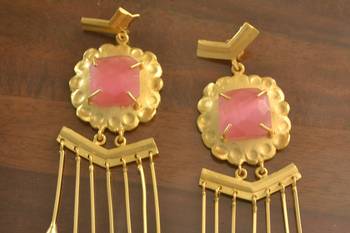 Pink onyx Dangling Long Wedding party High Gloss Gold Plated studs 3