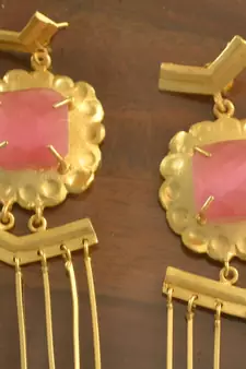 Pink onyx Dangling Long Wedding party High Gloss Gold Plated studs