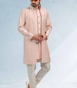 Beige embroidered art silk kurta-pajama