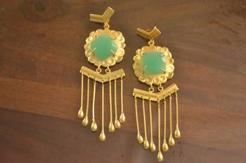 Green Onyx Dangling Long Wedding Party High Gloss Gold Plated Studs 1