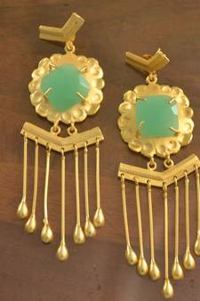 Green Onyx Dangling Long Wedding Party High Gloss Gold Plated Studs