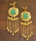 Green Onyx Dangling Long Wedding Party High Gloss Gold Plated Studs