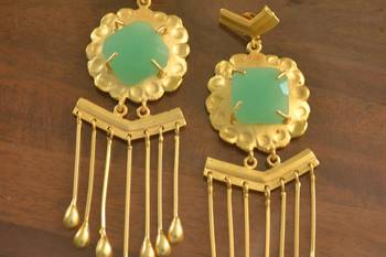 Green Onyx Dangling Long Wedding Party High Gloss Gold Plated Studs 2