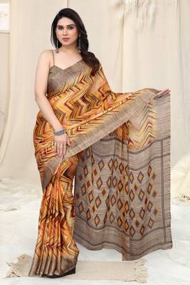 Mustard printed chiffon saree with blouse 1