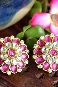 Pink agate semi precious stone Big kundan earrings studs