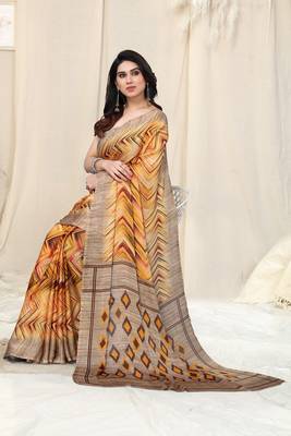 Mustard printed chiffon saree with blouse 2