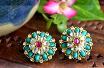 Turquoise agate semi precious stone Big kundan earrings studs 1