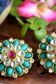 Turquoise agate semi precious stone Big kundan earrings studs