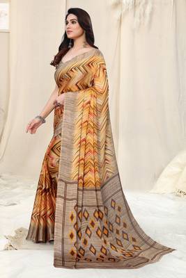 Mustard printed chiffon saree with blouse 3