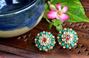 Turquoise agate semi precious stone Big kundan earrings studs 2