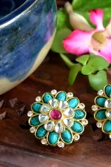 Turquoise agate semi precious stone Big kundan earrings studs