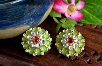 Green agate semi precious stone Big kundan earrings studs 1