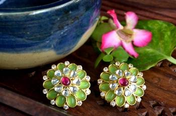 Green agate semi precious stone Big kundan earrings studs 2