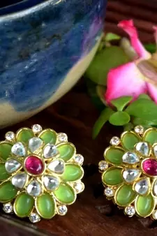 Green agate semi precious stone Big kundan earrings studs