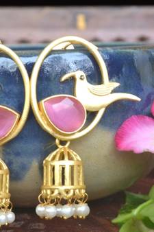 Pink Bird Jali onyx Semi Precious Stone jhumkas