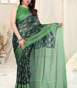 Green Printed Chiffon Saree With Blouse