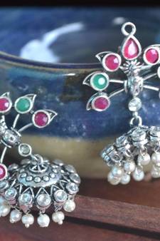 Multicolor pearl jhumkas Silver onyx danglers-drops Stud Earrings