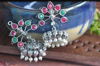 Multicolor pearl jhumkas Silver onyx danglers-drops Stud Earrings 2